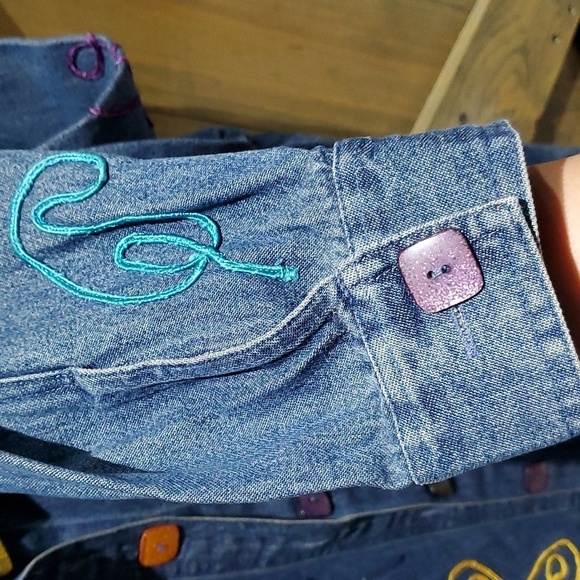 VINTAGE JEAN DENIM SHACKET BUTTONDOWN SHIRT LARGE 80s 90s ART DECO EMBROIDERED - Picture 4 of 6